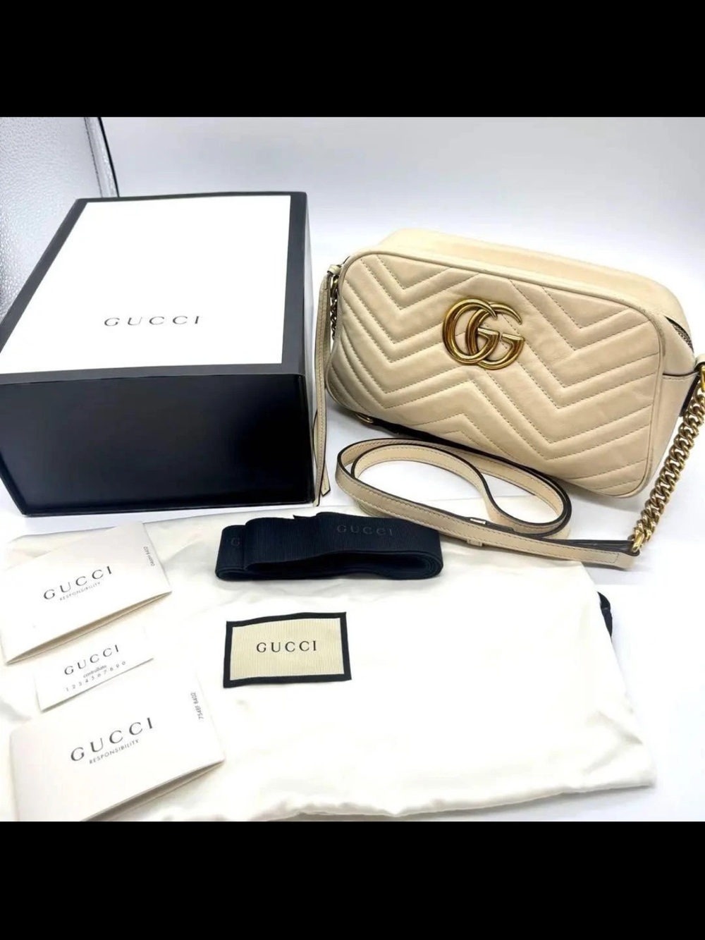 Gucci Cream GG Marmont Chevron Leather Shoulder Bag with Gold Hardware